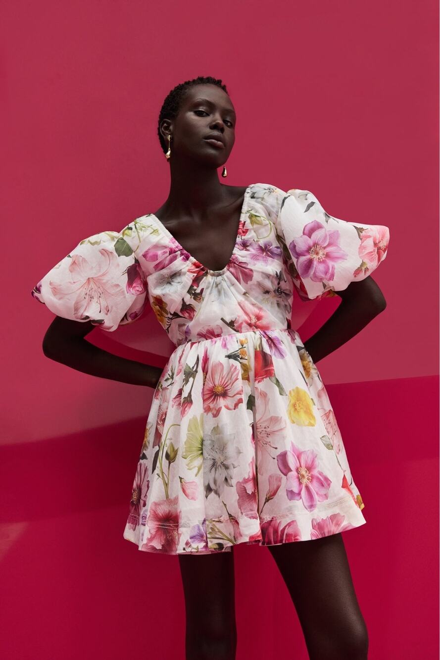Aje Fleur Mini Dress Collage Floral White Pink AU 4 US 0 NWT